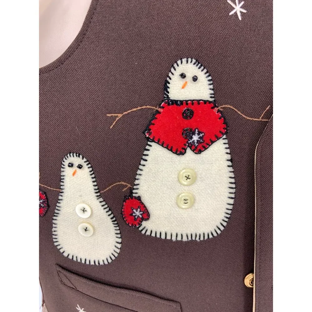 Mens Reversible Cream Brown Vest Holidays Vest Snowman Deer Tree